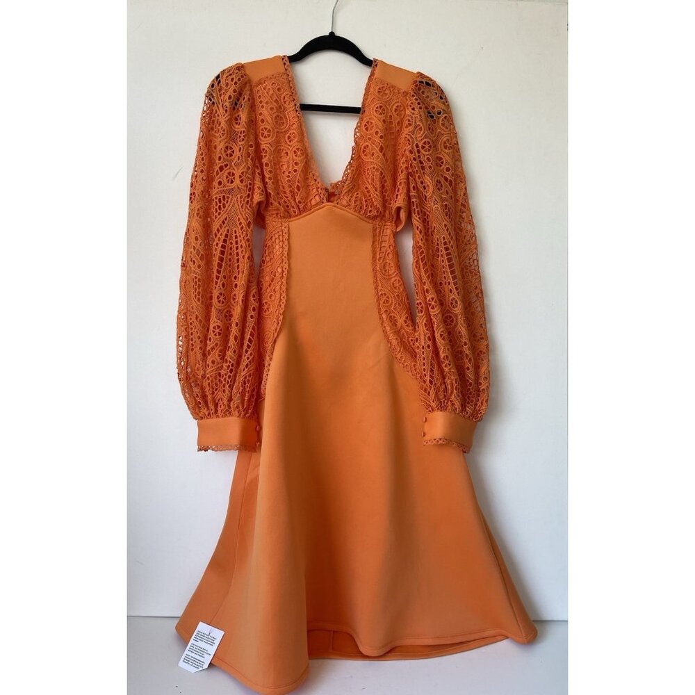 ASOS DESIGN Orange Puff Sleeve Broderie Midi Skater Dress Ruched Bodice NWOT - Picture 2 of 8